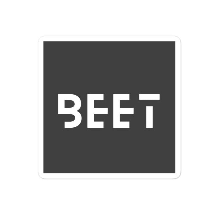 BEET logo kiss cut sticker featuring the BEET emblem with a precise square die-cut outline.