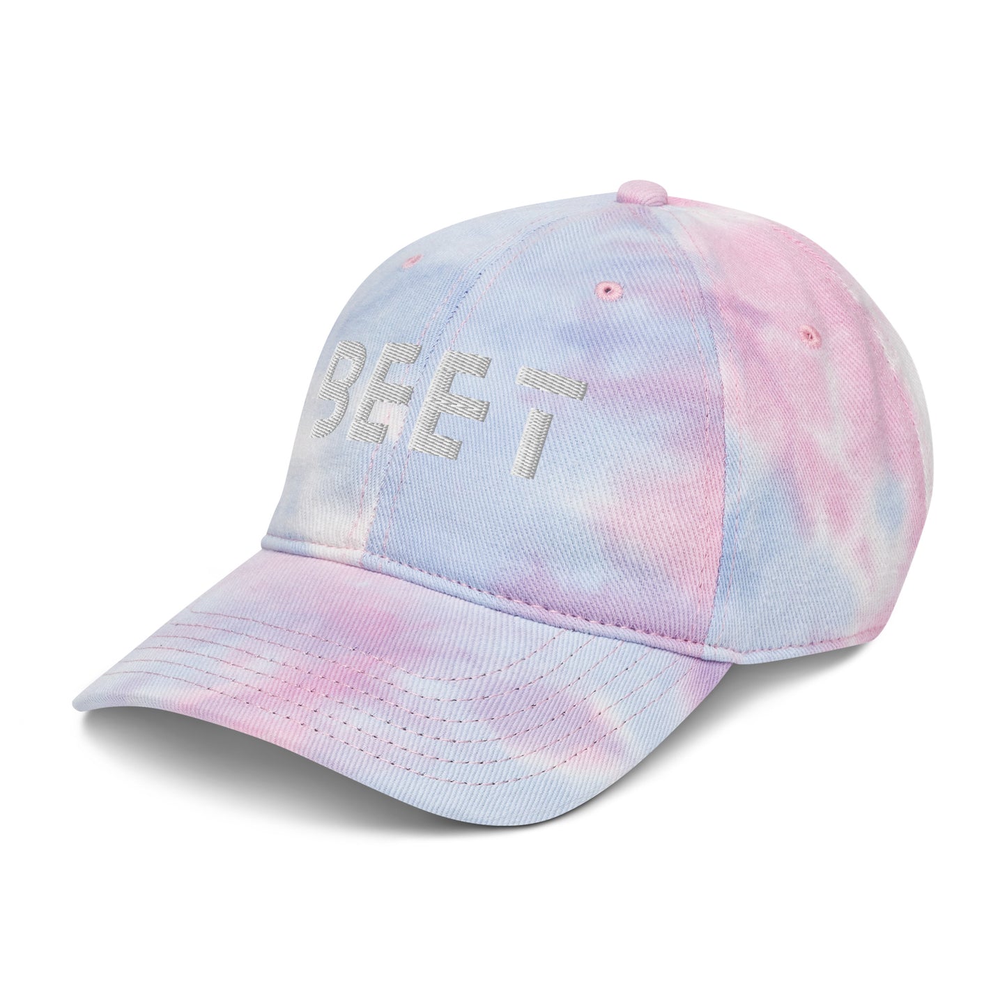 BEET tie dye baseball cap featuring vibrant, multi-colored patterns with the BEET logo on the front.