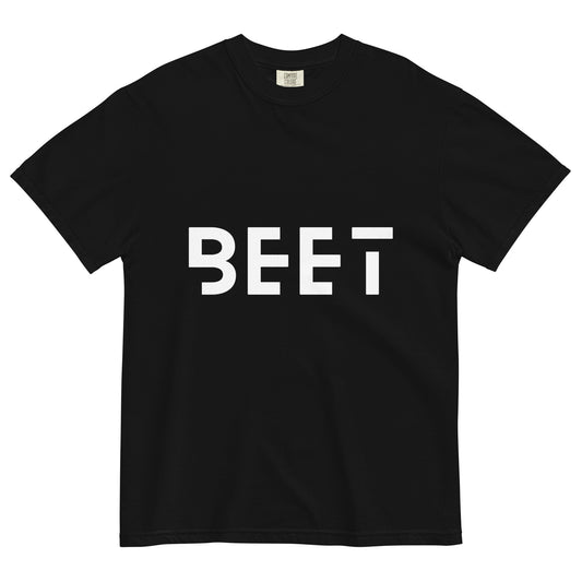 Unisex heavyweight black t-shirt with the BEET logo on the front and 'FEEL THE BEET' text on the back.