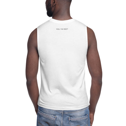 BEET unisex muscle shirt featuring 'FEEL THE BEET' text on the back and Resonant Horizons with BEET logo on the front.