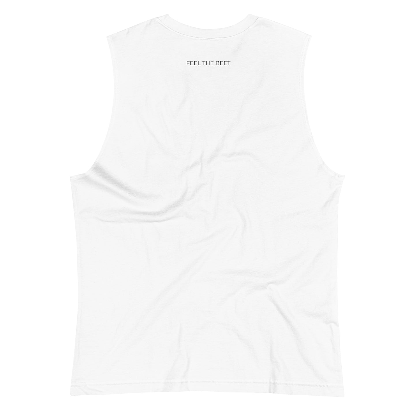 BEET unisex muscle shirt featuring 'FEEL THE BEET' text on the back and Resonant Horizons with BEET logo on the front.