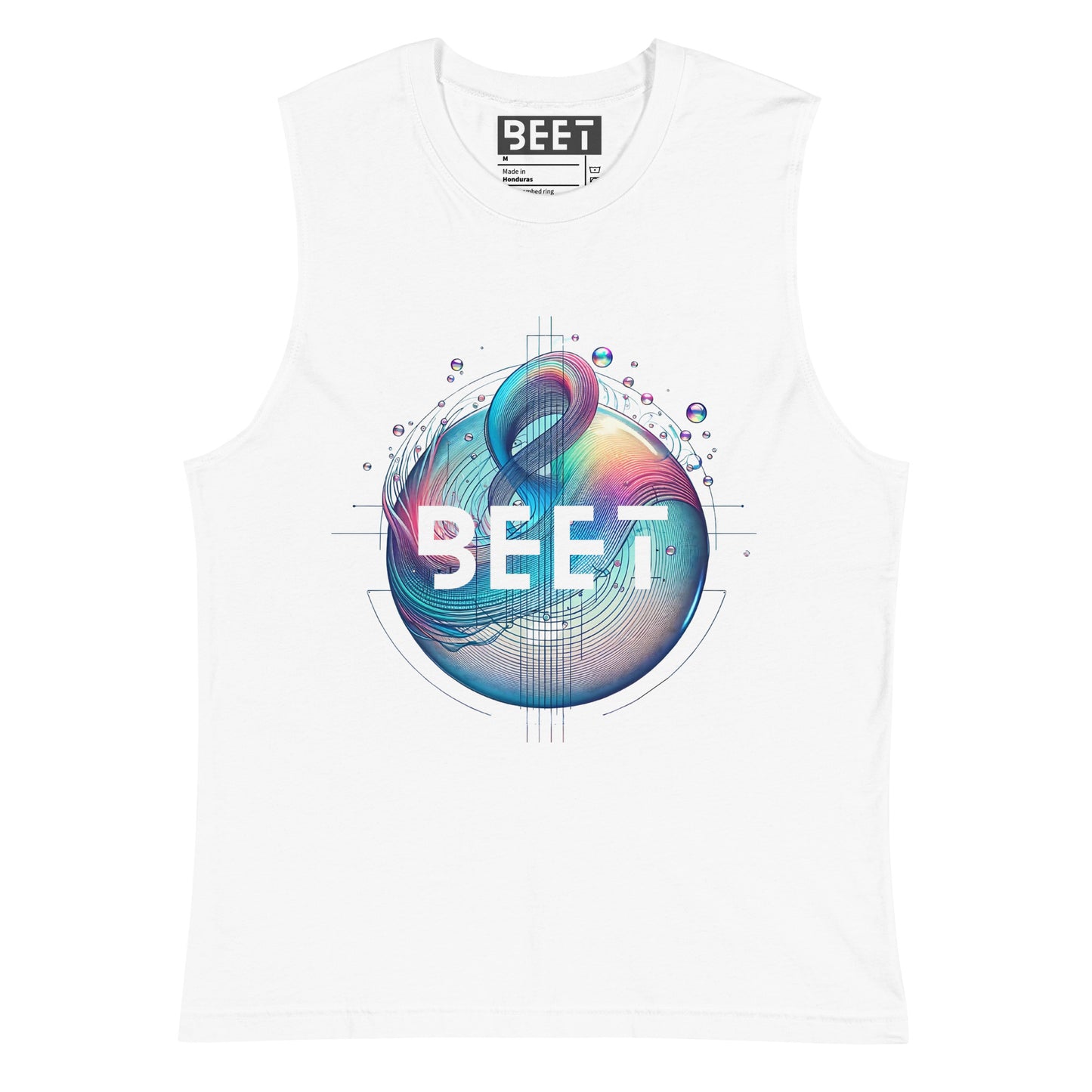 BEET unisex muscle shirt featuring 'FEEL THE BEET' text on the back and Resonant Horizons with BEET logo on the front.