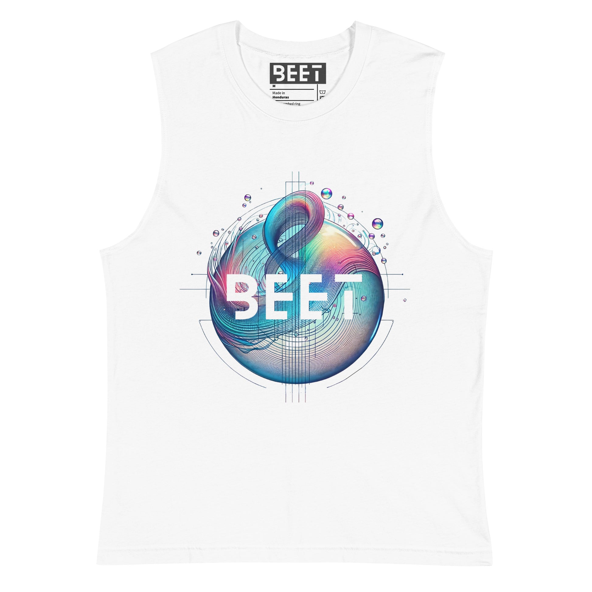 BEET unisex muscle shirt featuring 'FEEL THE BEET' text on the back and Resonant Horizons with BEET logo on the front.