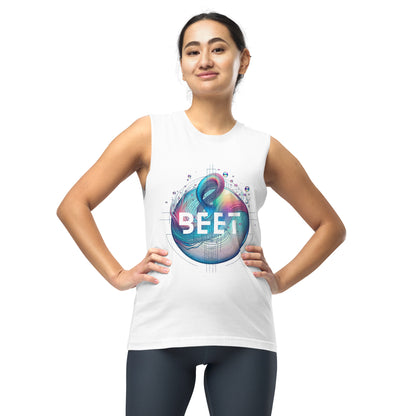 BEET unisex muscle shirt featuring 'FEEL THE BEET' text on the back and Resonant Horizons with BEET logo on the front.