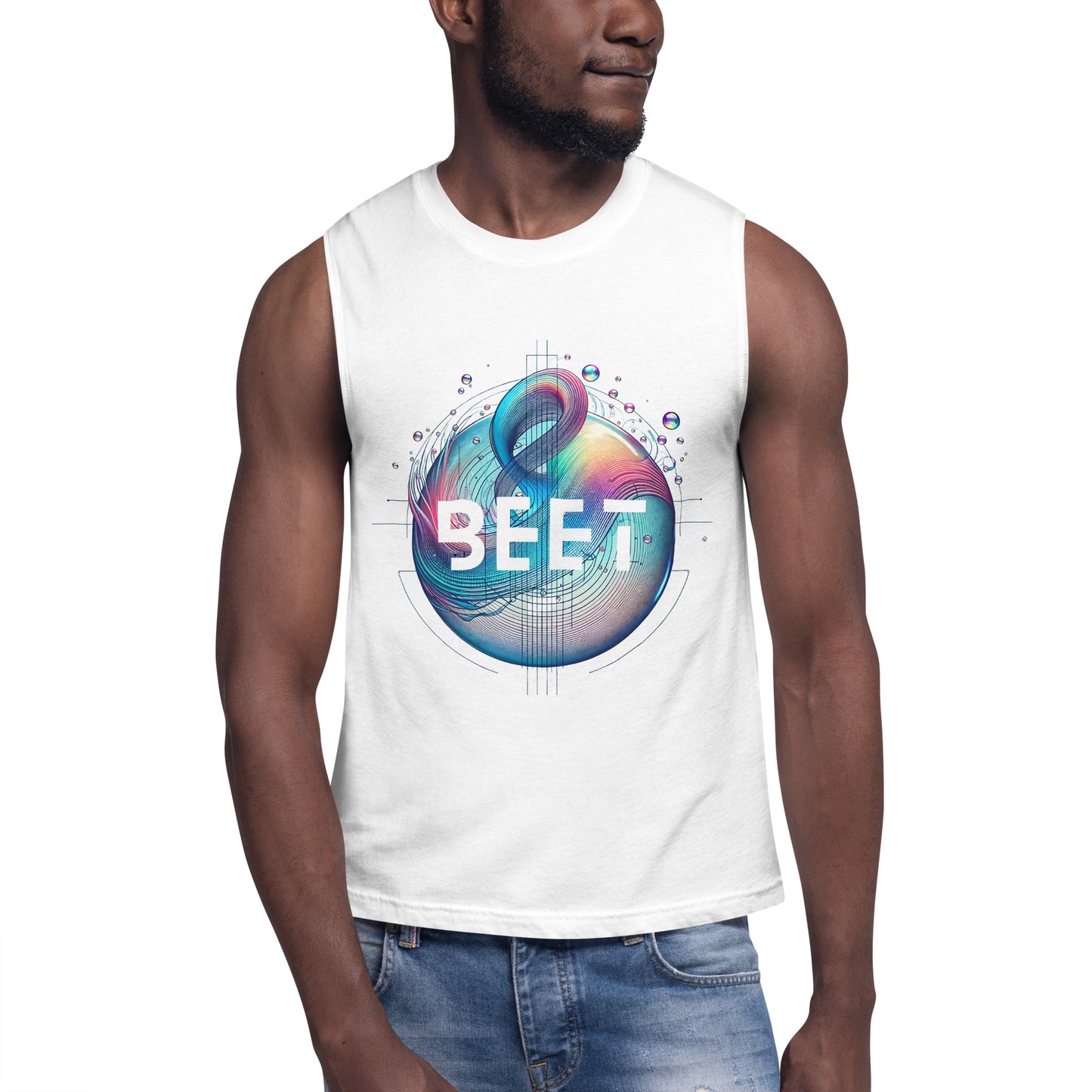 BEET unisex muscle shirt featuring 'FEEL THE BEET' text on the back and Resonant Horizons with BEET logo on the front.